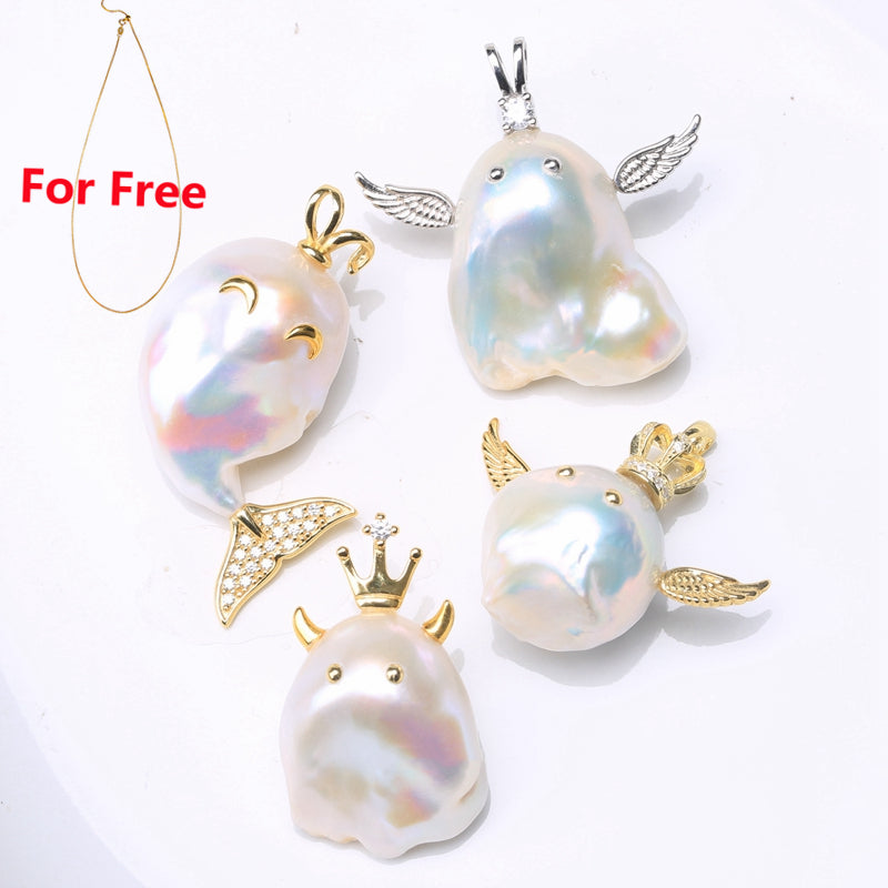 Lindo collar con colgante de perlas barrocas grandes para niños en oro de 14 k sobre plata de ley (16-18 mm)