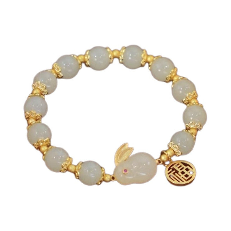 8MM Jade Rabbit Bracelet | Elestic Bracelet with 14K Plated Golden Floral Edges | Lucky Year of the Rabbit Jewelry
