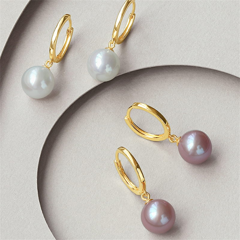 Boucles d'oreilles créoles en perles véritables AAAA plaquées or 24 carats | Boucles d'oreilles pendantes en perles d'eau douce | Boucles d'oreilles créoles en perles avec fermoir antiallergique (9-10 mm)