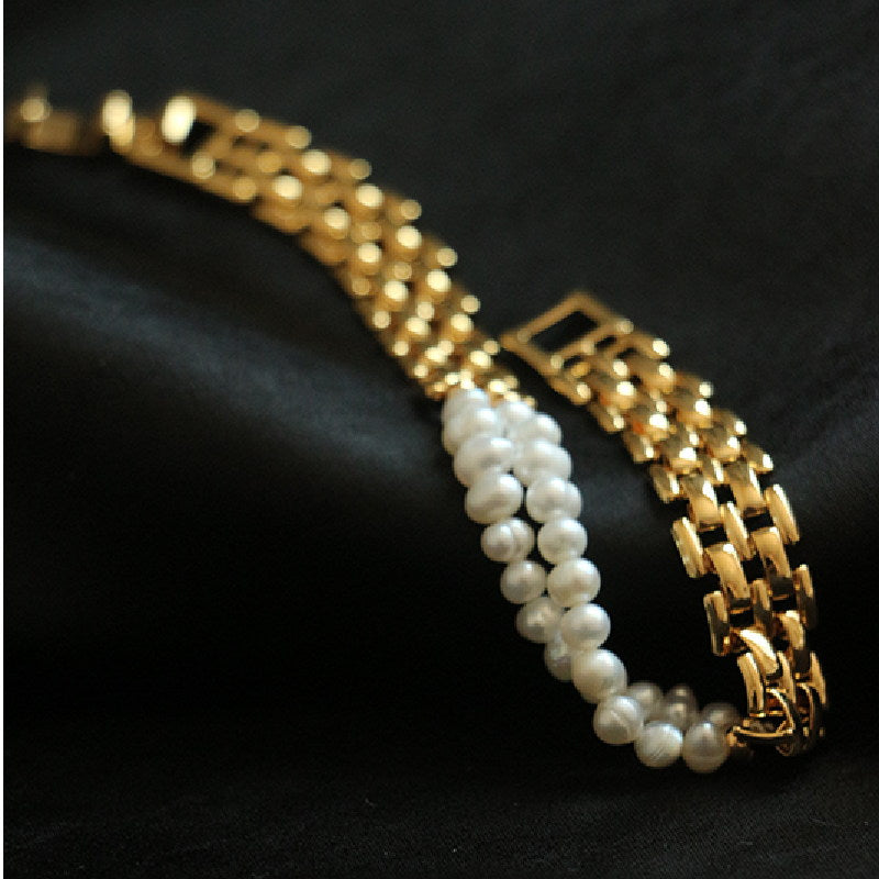Watchband Freshwater Pearl Bracelet | Real Pearl 18K Gold Plated Bracelet for Women