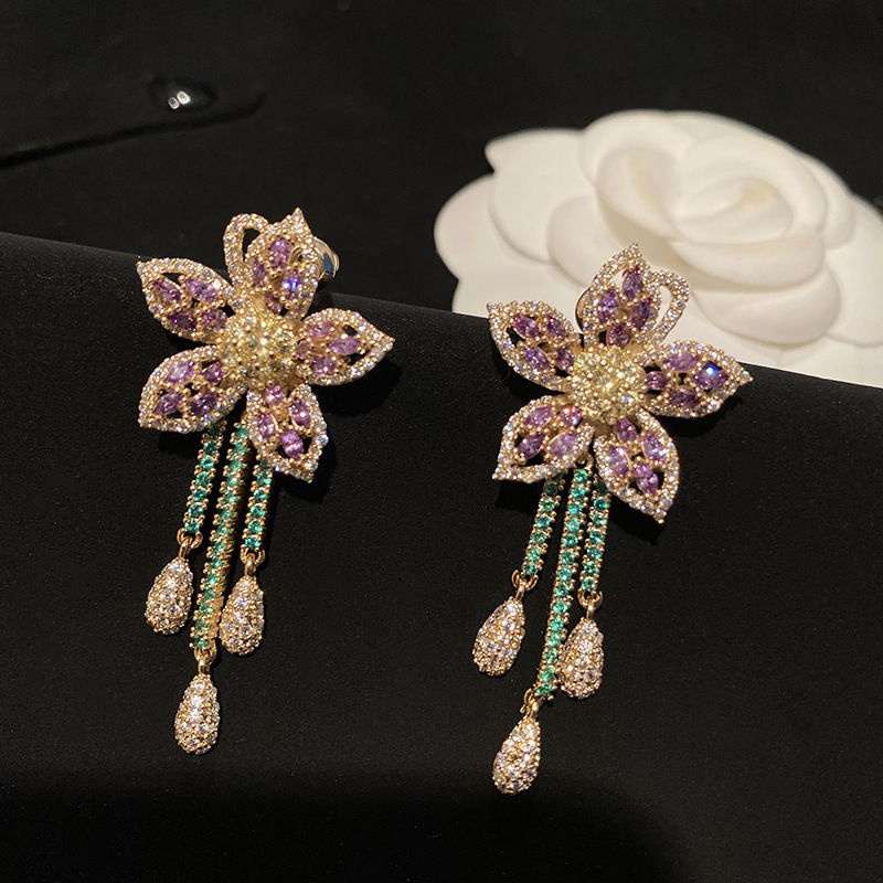 Violet Crystal Flower Earrings |  Rhinestone Earrings | Wedding Diamond Earrings with Sterling Silver Pins