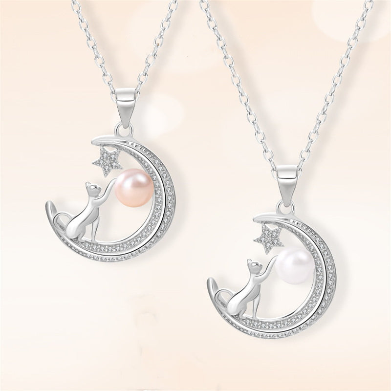 Sterling Silver Moon Pendant | Cat Pendant Necklace | Moon and Star Pendant with Freshwater Pearl (7mm)