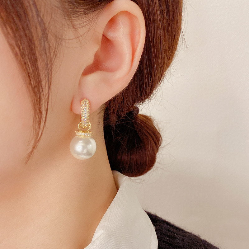 2 in 1 Pearl Drop Earrings | Diamond Hoop Earrings | Pearl Diamond Drop Earrings