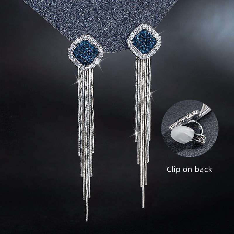 Pendientes colgantes de plata | Pendientes de clip para mujer | Pendientes de Circonitas con Borla de Metal