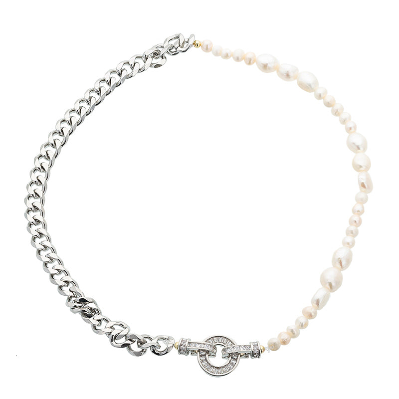 Half Pearl Half Chain Necklace | Silver Necklaces Chain  | Cuban link with Round Clasp Design