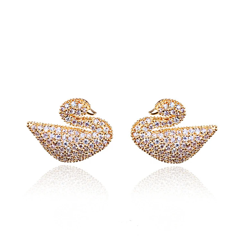 14K Gold Swan Earrings Artificial Crystal Designer Jewelry