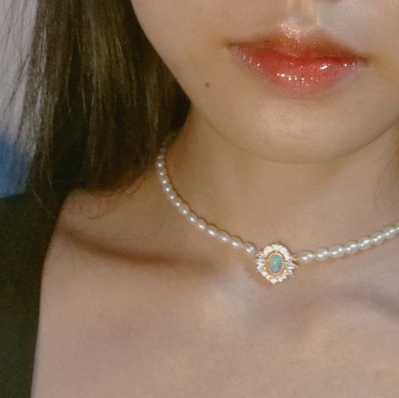 Opal And Real Pearl Choker Necklace | Freshwater Pearl Necklace | Baroque Pearl Necklace