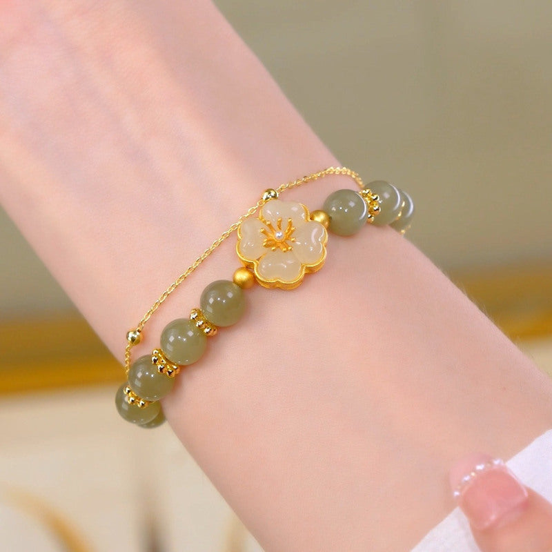 8MM Green Jade Bracelet | Double Strand Bracelets | 6.88” Camellia Clasp Bracelets