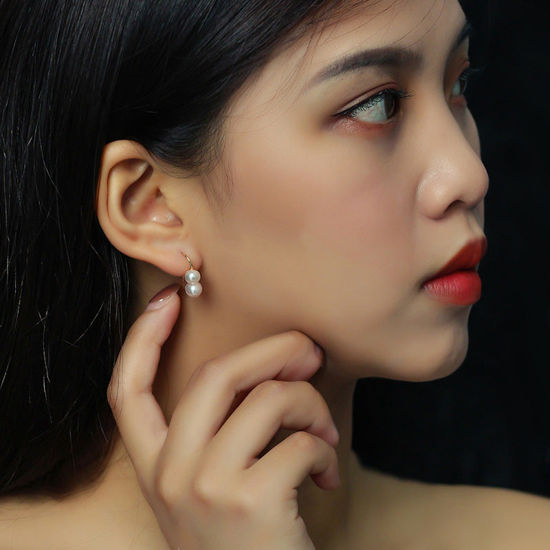 Pendientes de doble perla | Pendientes chapados en oro de 18 quilates | Pendientes de Perlas con Gancho de Plata S925