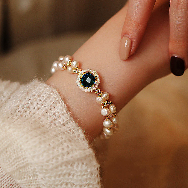 Pulsera de perlas cultivadas de agua dulce de 2 hebras | Pulsera de perlas de varias hebras con cristal azul de 6,5 a 8,2 pulgadas