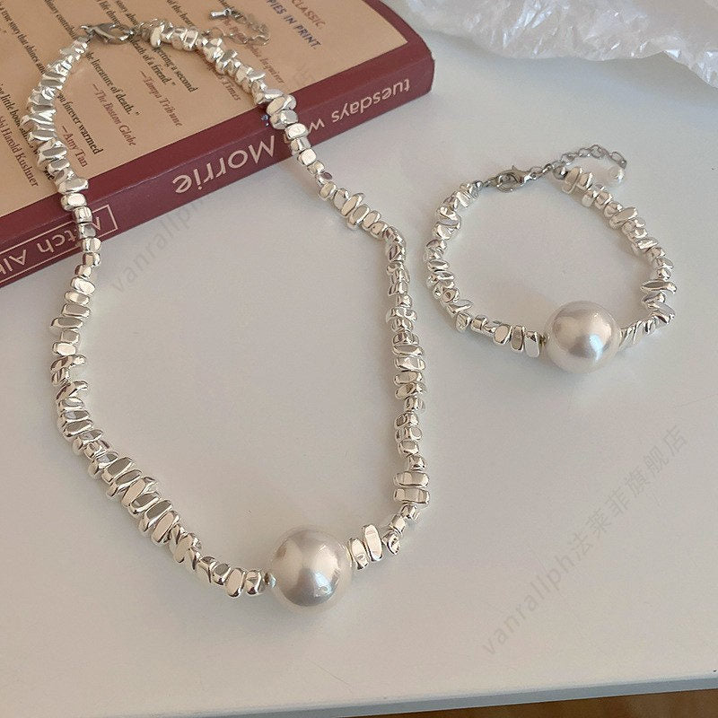 Irregular Pearl Necklace and Bracelet Set | Pearl and Chain Necklace | Silver and Pearl Bracelet