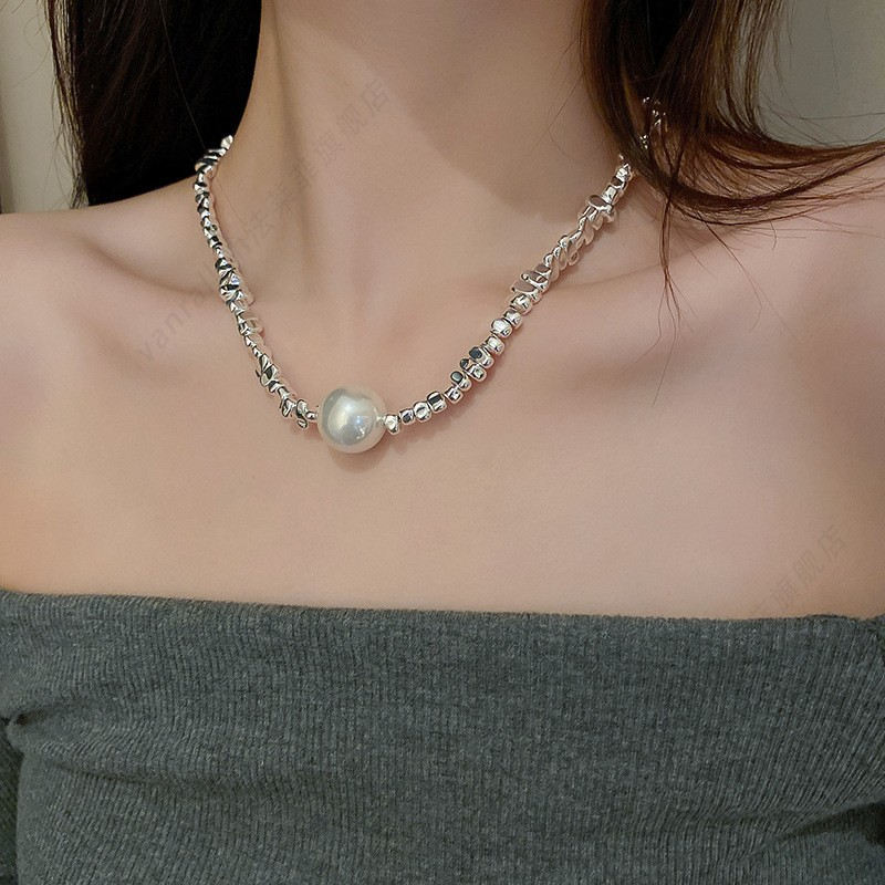Irregular Pearl Necklace and Bracelet Set | Pearl and Chain Necklace | Silver and Pearl Bracelet