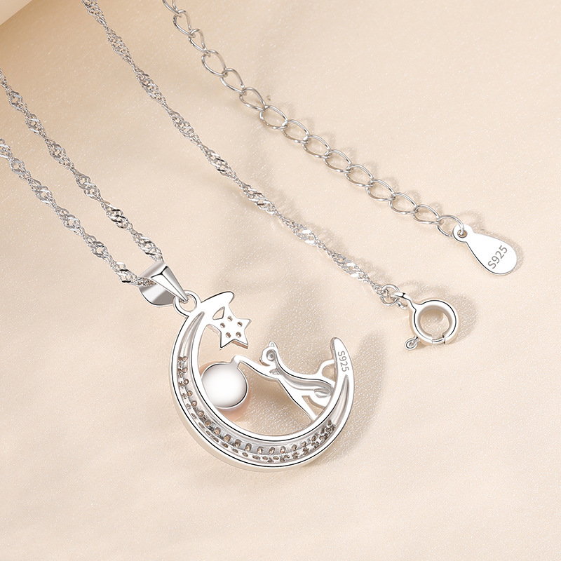 Sterling Silver Moon Pendant | Cat Pendant Necklace | Moon and Star Pendant with Freshwater Pearl (7mm)