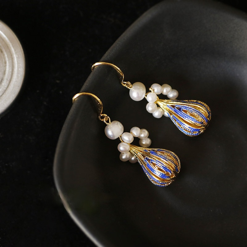 Freshwater Cultured Pearl Enamel Colored Drop Earrings in 14K Gold Over Sterling Silver