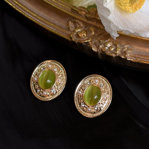 Olive Green Earrings | Large Vintage Stud Earrings | Vintage Earrings in Oval Shaped