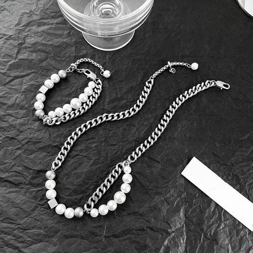 Mens Pearl Necklace and Bracelet | Mens Cuban Link Chain | Mens Pearl Bracelet | Mens Pearl Jewelry Set