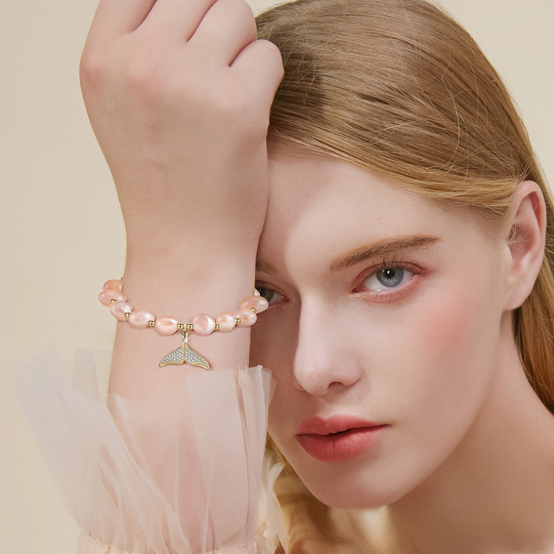 Mermaid Freshwater Pearl Bracelet Little Girl Bracelet in 14K Gold Over Sterling Silver Chain Mermaid Tail Clasp Size Adjustable