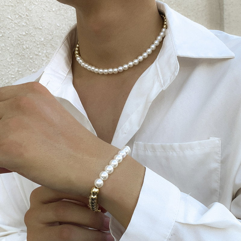 Mens Pearl Jewelry Set | Faux Mens Pearl Choker Necklace | Mens Pearl Bracelet