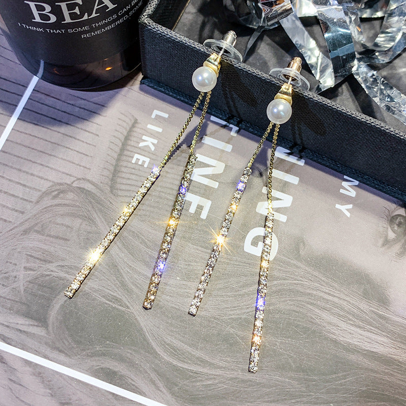 Pendientes colgantes dobles de perlas | Pendientes de diamantes de oro o plata | Pendientes colgantes para boda