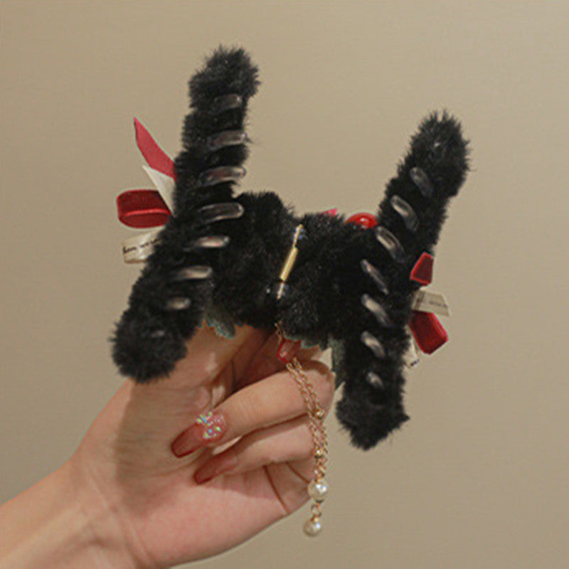 Elegant Christmas Hair Clip Furry Christmas Claw | Hair Claw Clips with Pearl Dangling