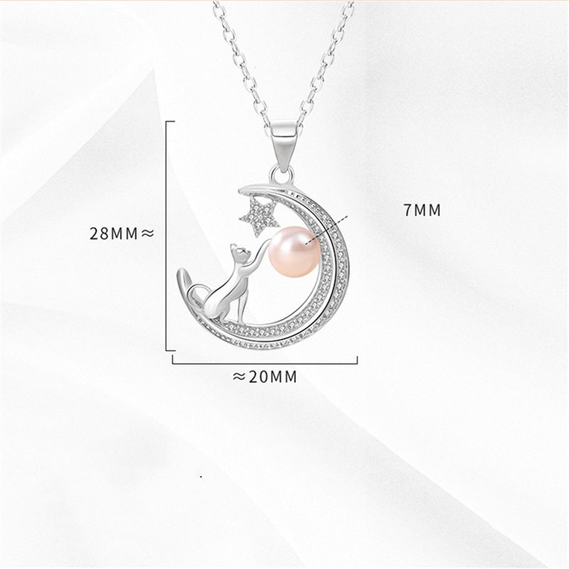 Sterling Silver Moon Pendant | Cat Pendant Necklace | Moon and Star Pendant with Freshwater Pearl (7mm)