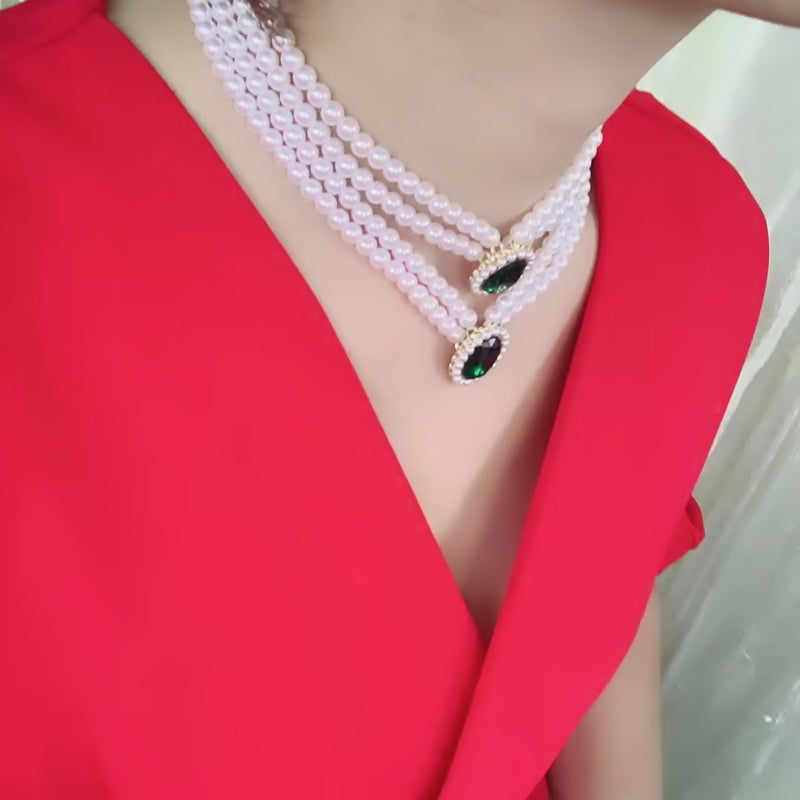 Pearl Necklace and Earring Set | Multi Strand Pearl Necklace Emerald Stud Earrings in a Jewelry Set