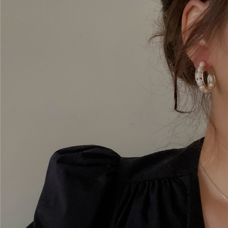 AAA Freshwater Pearl Hoop Earrings Cultured Pearl Stud Earrings in 14K Gold Over Sterling Silver