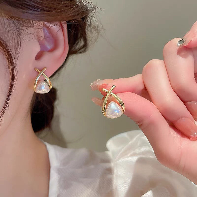 Triangle Pearl Earrings | X Shaped Shell Pearl Moonstone Earrings with Sterling Silver Pins