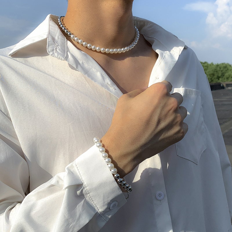 Mens Pearl Jewelry Set | Faux Mens Pearl Choker Necklace | Mens Pearl Bracelet