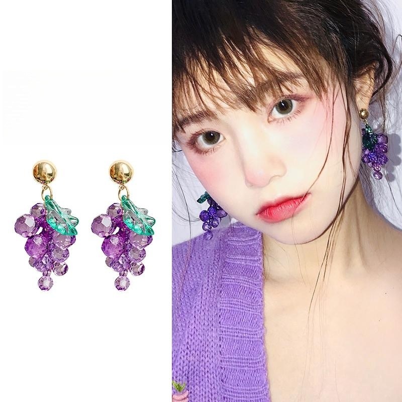 Pendientes colgantes de uva con clip de cristal morado y pasador plateado para niñas