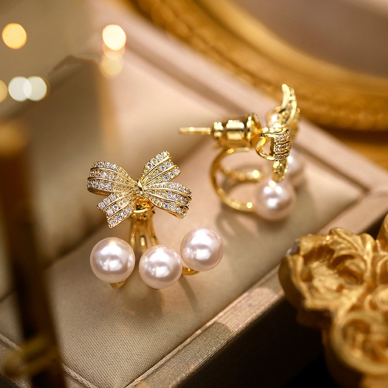 Cherry Pearl Earring Jackets | Pearl Drop Earrings | Bowknot Gold Stud Earrings with S925 pins