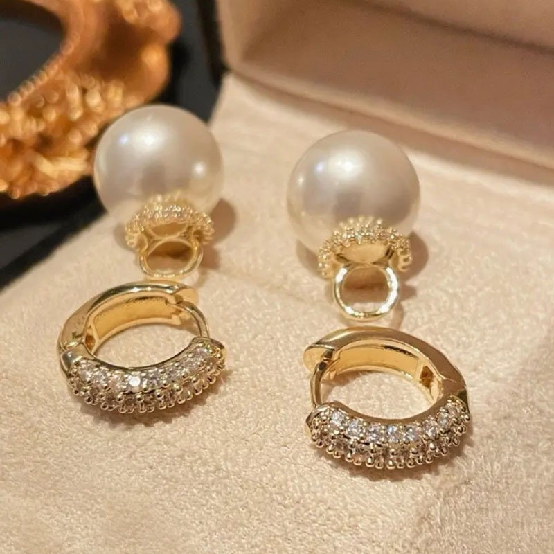 2 in 1 Pearl Drop Earrings | Diamond Hoop Earrings | Pearl Diamond Drop Earrings