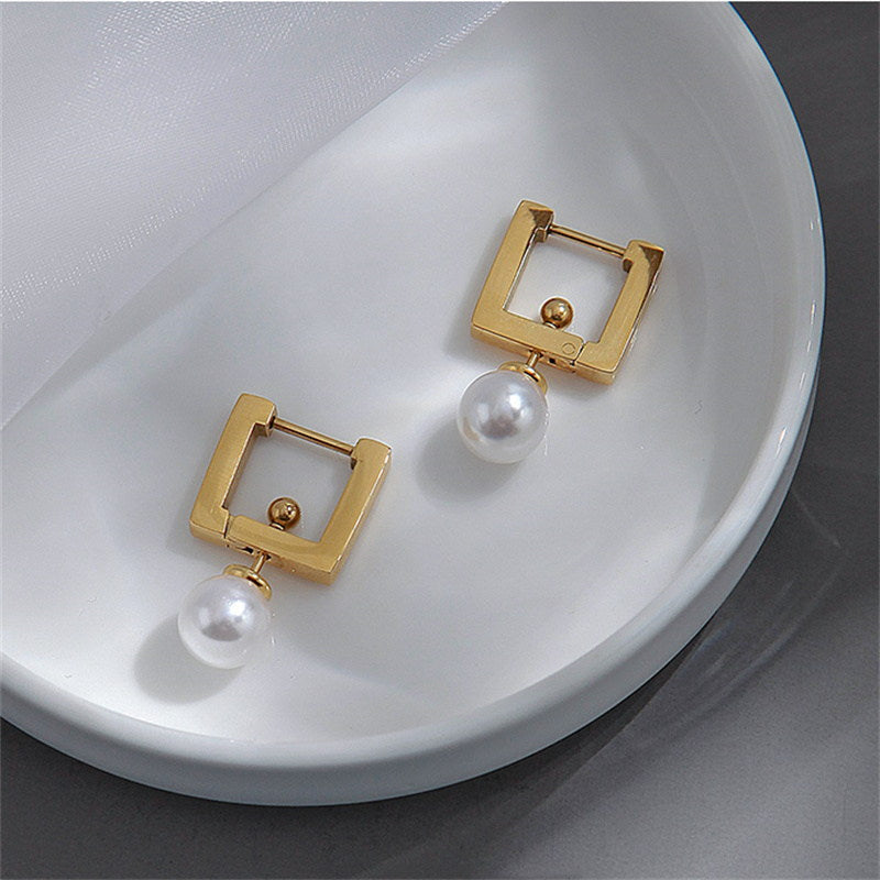 Freshwater Pearl Earrings | Square Hoop Pearl Drop Earrings | Detachable Real Pearl Earrings in 14K Gold Plated (8mm)