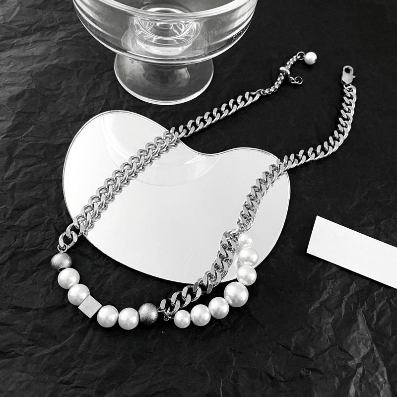 Mens Pearl Necklace and Bracelet | Mens Cuban Link Chain | Mens Pearl Bracelet | Mens Pearl Jewelry Set