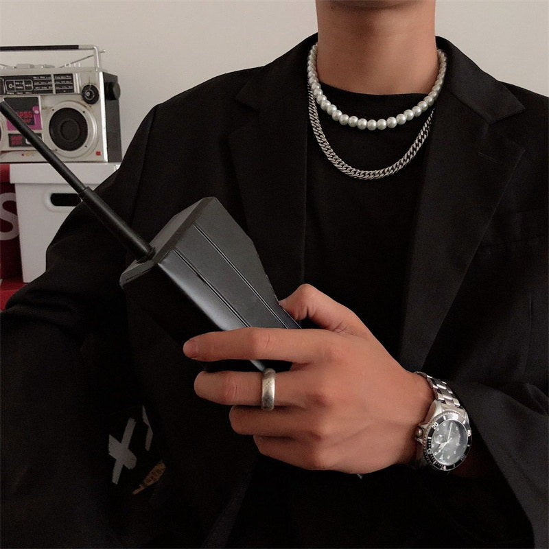 Double Layers Mens Pearl Necklace | Splicing Pearl Necklace Men Chain | Pearl Chains Mens