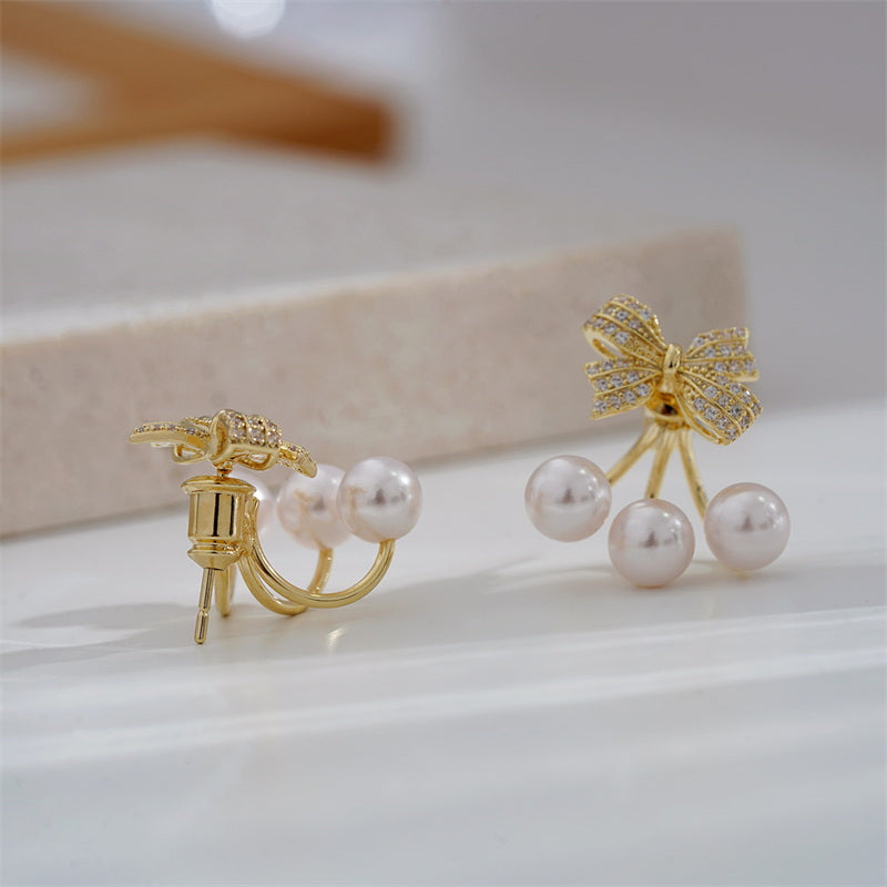 Cherry Pearl Earring Jackets | Pearl Drop Earrings | Bowknot Gold Stud Earrings with S925 pins