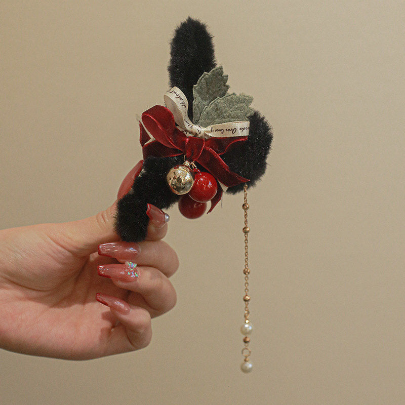 Elegant Christmas Hair Clip Furry Christmas Claw | Hair Claw Clips with Pearl Dangling