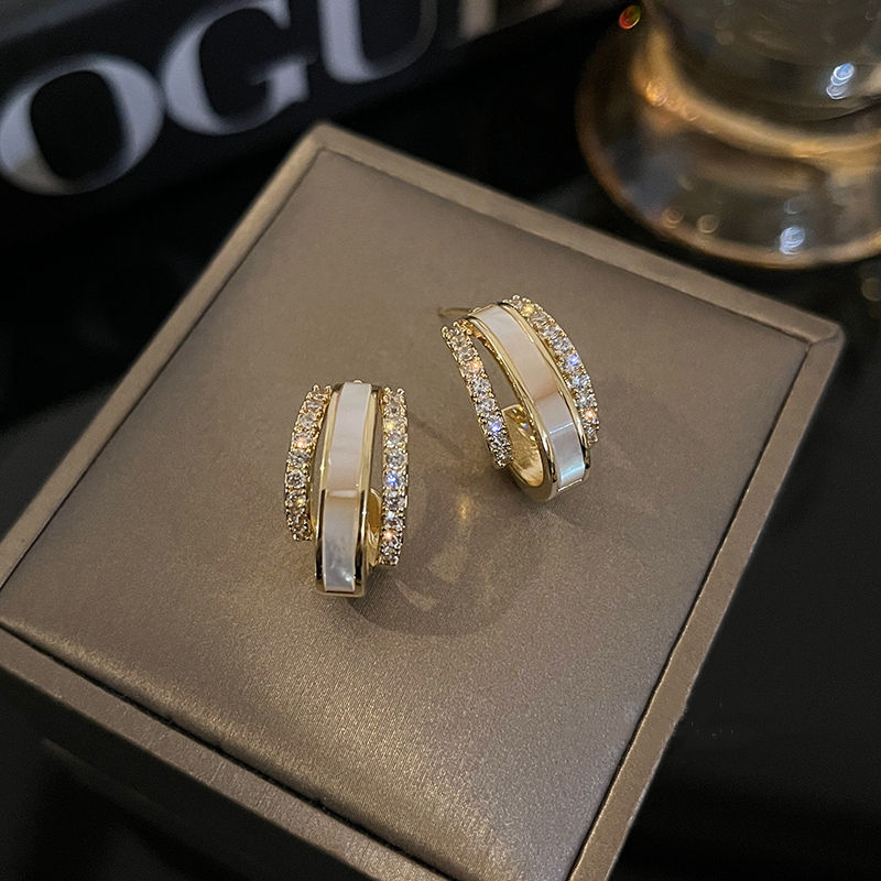 Small Hoop Earrings | Mother of Pearl Earrings | Diamond Huggie Earrings with Sterling Silver Pins