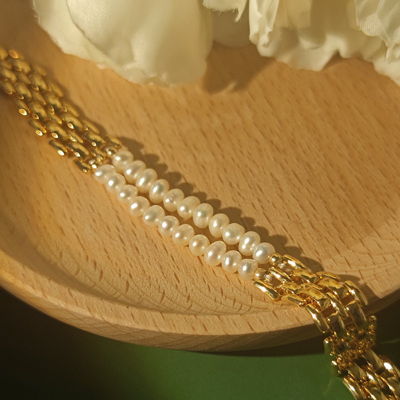 Watchband Freshwater Pearl Bracelet | Real Pearl 18K Gold Plated Bracelet for Women