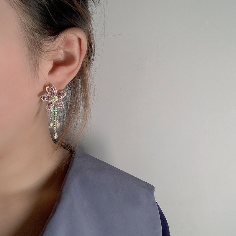 Violet Crystal Flower Earrings |  Rhinestone Earrings | Wedding Diamond Earrings with Sterling Silver Pins