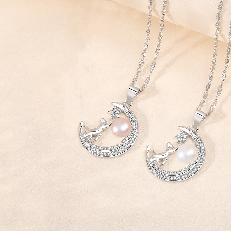 Sterling Silver Moon Pendant | Cat Pendant Necklace | Moon and Star Pendant with Freshwater Pearl (7mm)