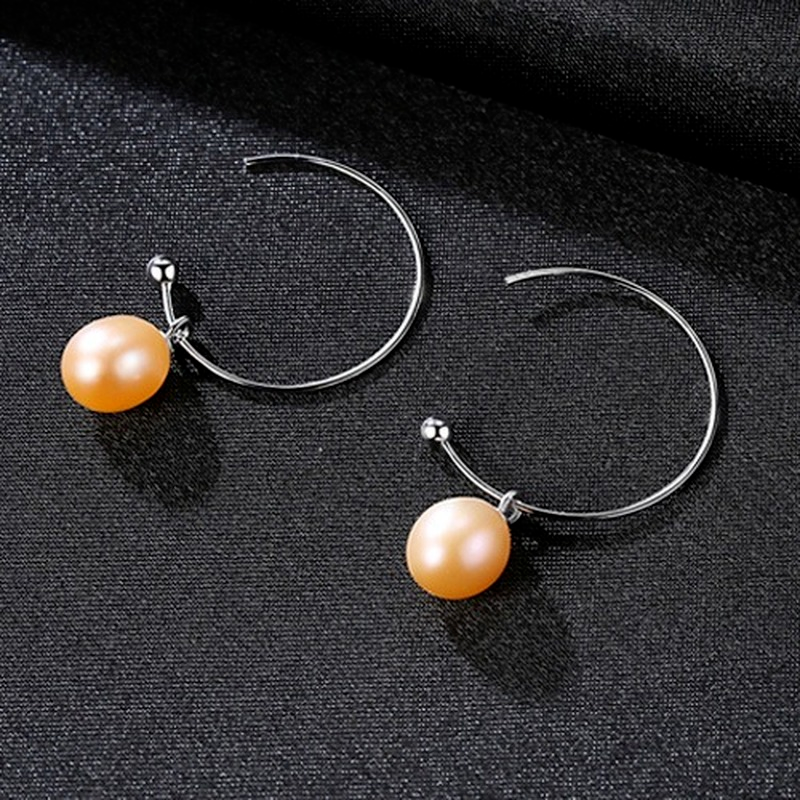 Big Silver Hoop with Pearl Drop Earrings AAA Freshwater Cultured Pearl Hoop Earrings in Sterling Silver(8mm)