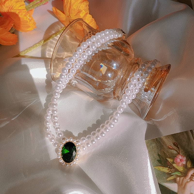 Pearl Necklace and Earring Set | Multi Strand Pearl Necklace Emerald Stud Earrings in a Jewelry Set