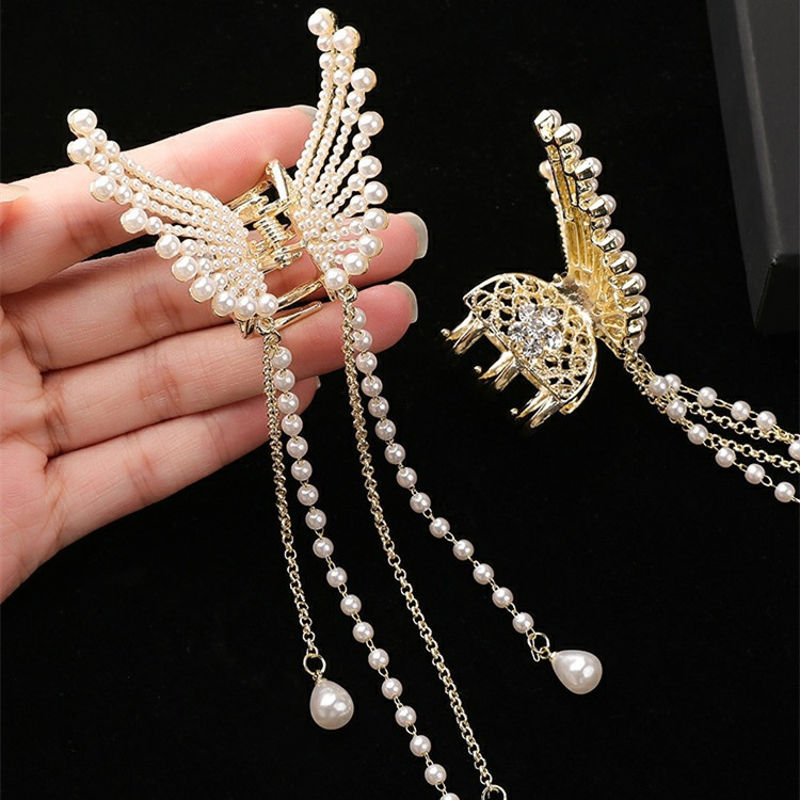 Butterfly Claw Clips | Gold Claw Clip | Hair Claw Clips with Pearl Dangling