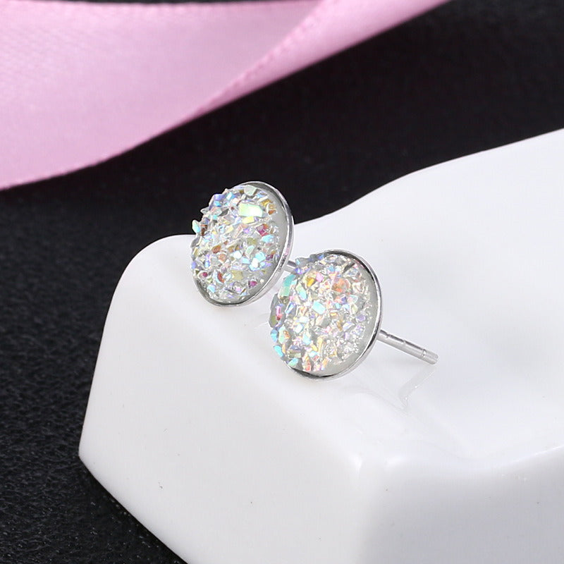 10mm Glitter Crystal Stud Earrings | Drusy Stud Earrings | Sterling Silver Stud Earrings for Men and Women (8mm)
