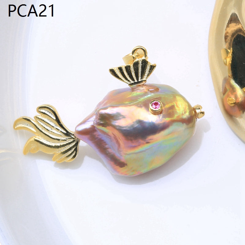 Collar con colgante de perlas barrocas grandes estilo animal en oro de 14 k sobre plata de ley (16-18 mm)