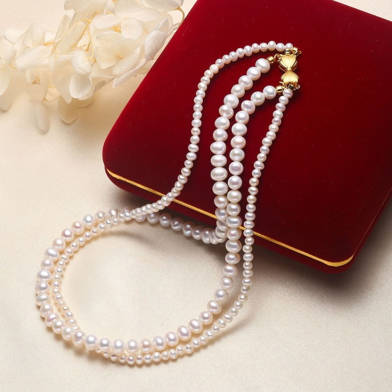 4-8 mm Cultured Freshwater Double Strand Pearl Necklace And Bracelet Pearl Jewellery Set