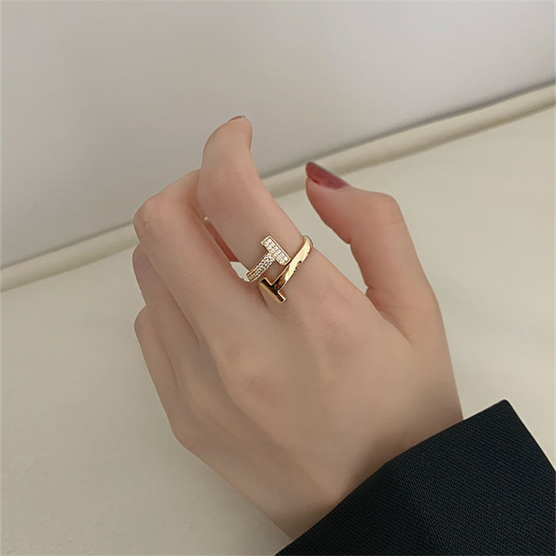 T Shape Adjustable Rings | Open Diamond Ring | Gold Diamond Ring in 14K Gold Plated