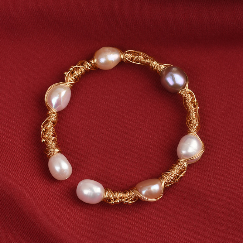 Cultured Freshwater Pearl Bangle Bracelet in 14k Gold Over Sterling Silver 7