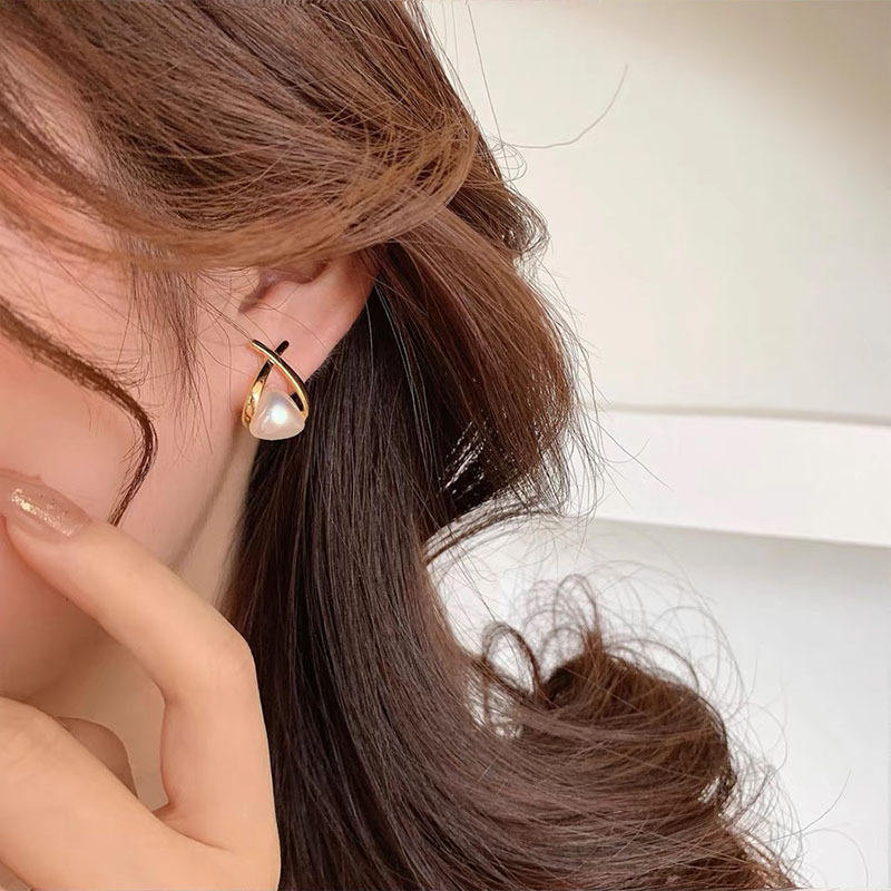 Triangle Pearl Earrings | X Shaped Shell Pearl Moonstone Earrings with Sterling Silver Pins